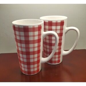 2 California Pantry 14oz Coffee Cocoa Mug Red and White Plaid Gingham Latte Cup